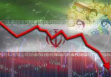Graph depicting a downward trend in the Iranian economy with currency notes in the background
