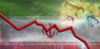 Graph depicting a downward trend in the Iranian economy with currency notes in the background