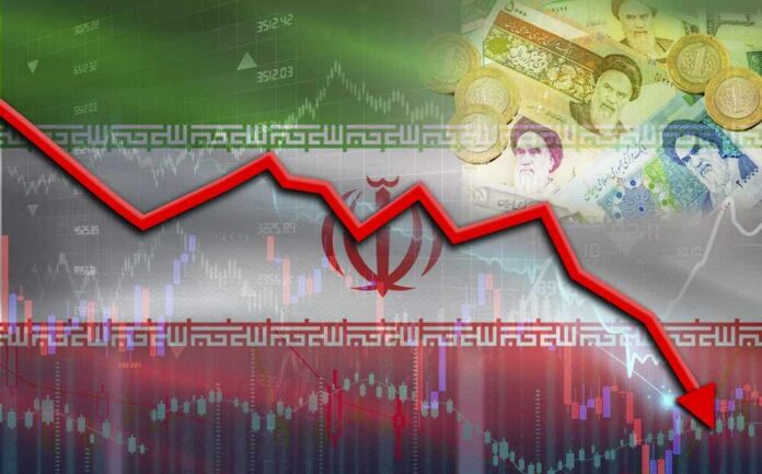 Graph depicting a downward trend in the Iranian economy with currency notes in the background