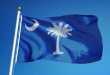 South Carolina state flag waving against a blue sky