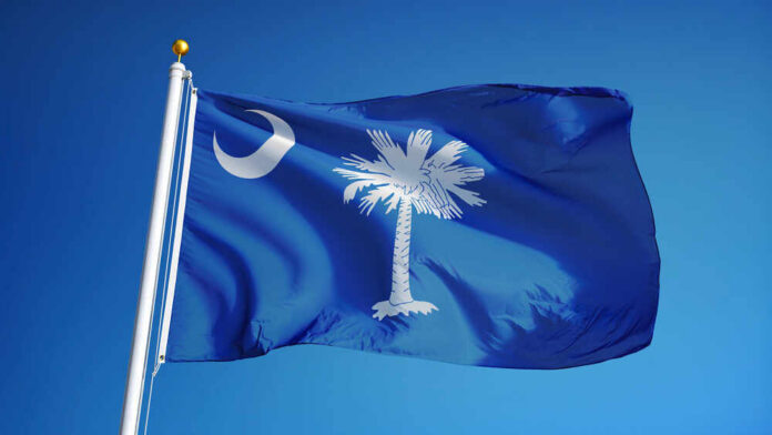 South Carolina state flag waving against a blue sky