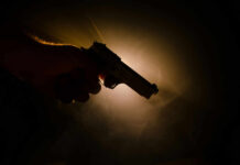 Wall-Climbers Neutralize Alarms, Bishop Dead Silhouette of a hand holding a handgun against a dramatic light background