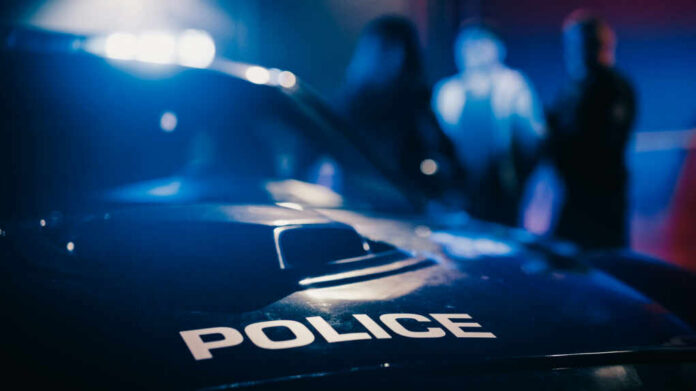shutterstock_2232056701 Close-up of a police car with emergency lights in a blurred background