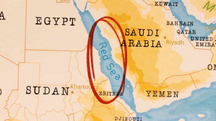 Red,Sea,Marked,With,Red,Circle,On,Realistic,Map. Map highlighting the Red Sea and surrounding countries