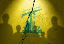 Risk Transfer: Israel’s Fight, Syria’s Problem Silhouettes of two figures against a yellow background featuring Hezbollah's emblem