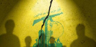 Risk Transfer: Israel’s Fight, Syria’s Problem Silhouettes of two figures against a yellow background featuring Hezbollah's emblem