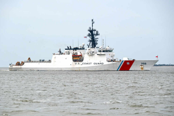 U.S. Coast Guard patrol vessel navigating through the ocean