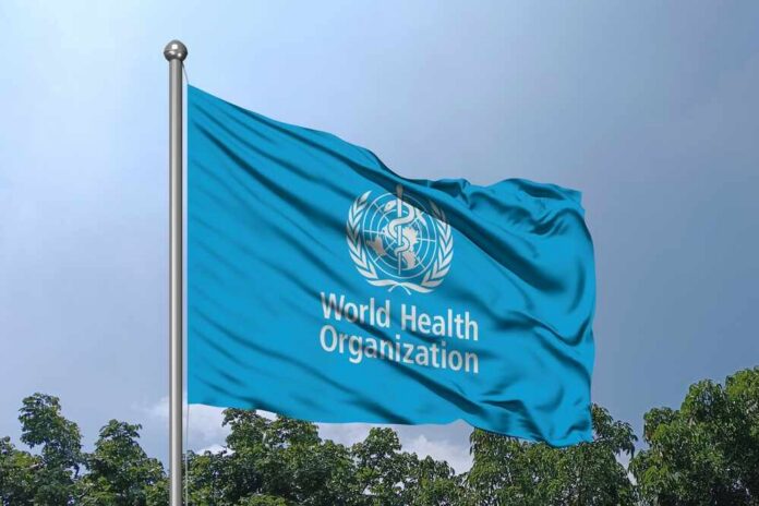 Illustration,Id:,580492693,World,Health,Organization,-,Who,Flag.,Waving Flag of the World Health Organization waving against a blue sky