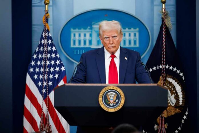 Washington,,January,30,2025:,President,Donald,Trump,Speaks,At A political figure at a podium during a press conference in front of the White House
