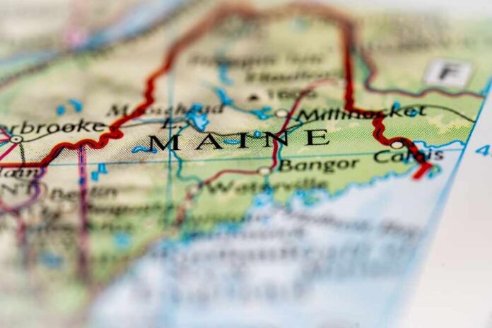 Maine,,United,States,Highlighted,On,A,World,Map. Close-up view of a map highlighting the state of Maine