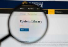 Magnifying glass focusing on the Epstein Library section of a government website
