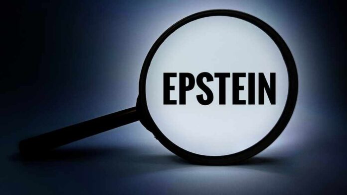 Epstein,Under,The,Magnifying,Glass,Concept,Showing,Investigation,Scrutiny,Evidence A magnifying glass highlighting the word 'EPSTEIN' against a dark background