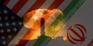 Missiles Rain As ‘Ceasefire’ Charade Continues An artistic representation of the US and Iran flags with a nuclear explosion in the background