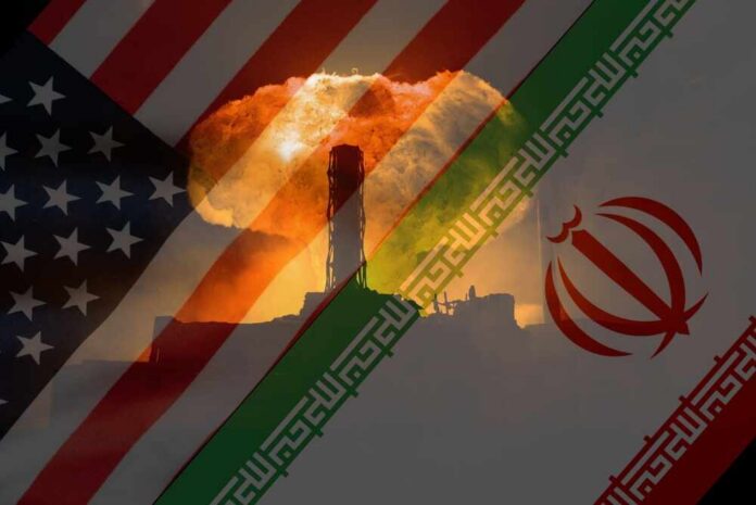 Conceptual,Image,Of,The,Usa,And,Iran,Flags,With,A An artistic representation of the US and Iran flags with a nuclear explosion in the background