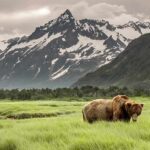 Brown bear grazing in a green meadow beneath snowy mountain peaks