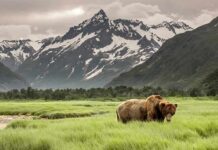 Grizzly ‘Scuba Sue’ Leaves Hikers Frozen Brown bear grazing in a green meadow beneath snowy mountain peaks