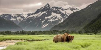 Grizzly ‘Scuba Sue’ Leaves Hikers Frozen Brown bear grazing in a green meadow beneath snowy mountain peaks