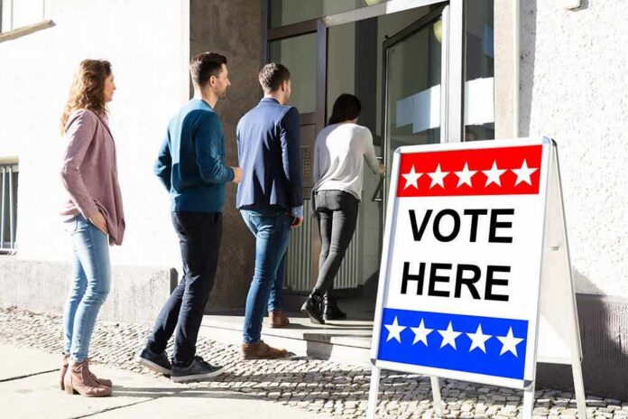 voters lining up at a polling place entrance