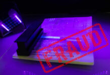 Exiled Tycoon Sentenced To 30 Years A passport under UV light with a stamp indicating fraud