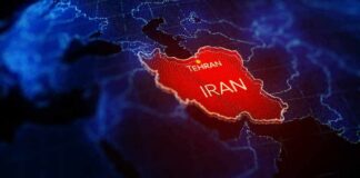 Iran highlighted on a digital map