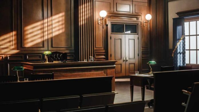 Empty,American,Style,Courtroom.,Supreme,Court,Of,Law,And,Justice Empty courtroom with wooden benches and judge’s bench