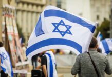 Residents Trapped Behind Military Gates Person holding an Israeli flag at a public demonstration