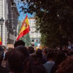 Crowd with Spanish flags in a city street