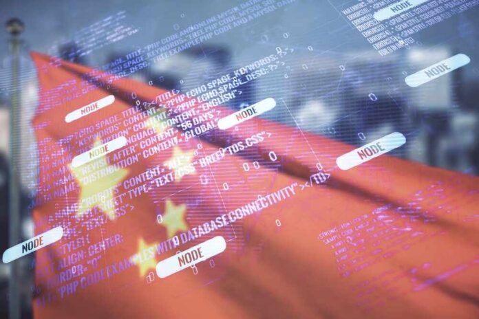 Abstract,Virtual,Coding,Illustration,And,World,Map,On,Chinese,Flag Overlay of programming code on a blurred Chinese flag