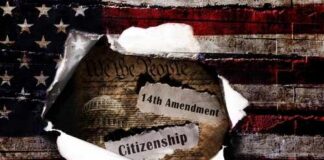 Birthright Citizenship Fight Heads To Congress Torn paper revealing the 14th Amendment and the word Citizenship against an American flag background