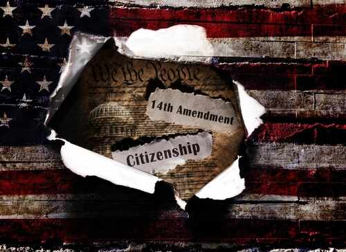 American,Flag,With,A,Hole,And,Us,Constitution,14th,Amendment Torn paper revealing the 14th Amendment and the word Citizenship against an American flag background