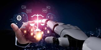 A human hand reaching out to a robotic hand, symbolizing interaction between AI and justice.