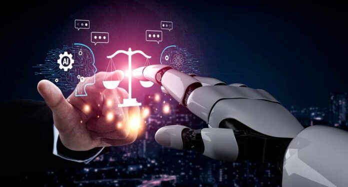 The,Debate,On,Ai,Ethics,In,Law,And,The,Justice A human hand reaching out to a robotic hand, symbolizing interaction between AI and justice.