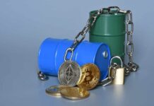 New Sanctions Hit Iran’s Crypto Empire Blue and green oil barrels with cryptocurrency coins and a padlock