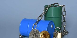 New Sanctions Hit Iran’s Crypto Empire Blue and green oil barrels with cryptocurrency coins and a padlock
