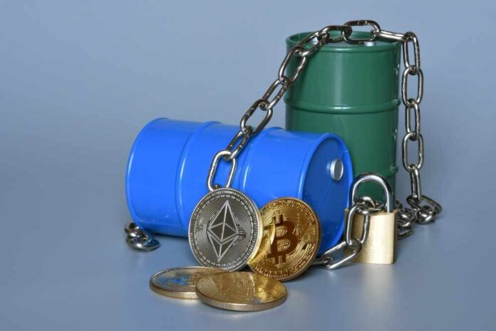 Miniature,Oil,Barrels,Locked,With,A,Chain,And,Padlock,,Oil Blue and green oil barrels with cryptocurrency coins and a padlock