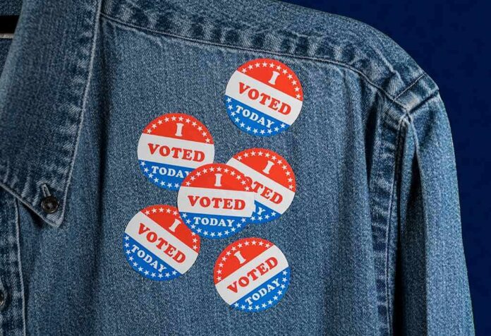 shutterstock_1201224016 denim jacket with multiple red white and blue voting stickers