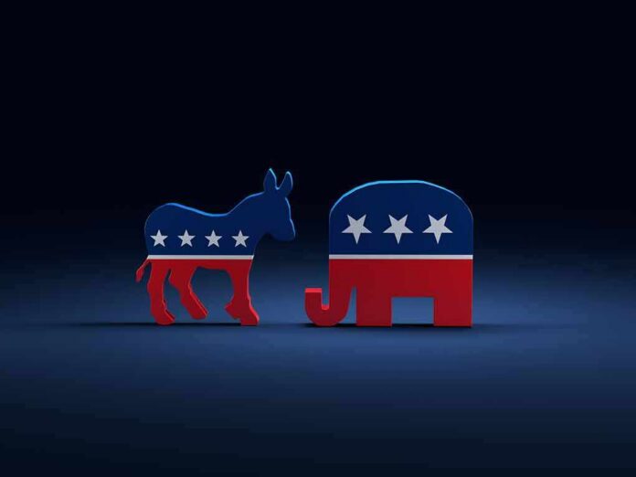 Donkey and elephant symbols facing each other