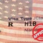 H1B visa document with U.S. flag overlay and red Approved stamp