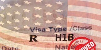 H1B visa document with U.S. flag overlay and red Approved stamp