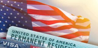 Trump Team Takes Aim At 175,000 Visas U.S. flag with visa and permanent resident cards
