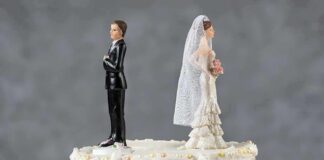 Bride and groom figurines facing away on top of a white wedding cake