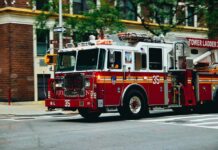 Prime-Time Chopper Plunge Stuns LA Fire truck turning on a city street