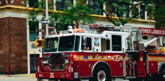 Fire truck turning on a city street