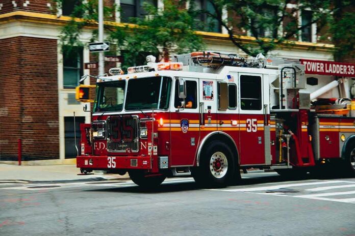 shutterstock_1016331220 Fire truck turning on a city street