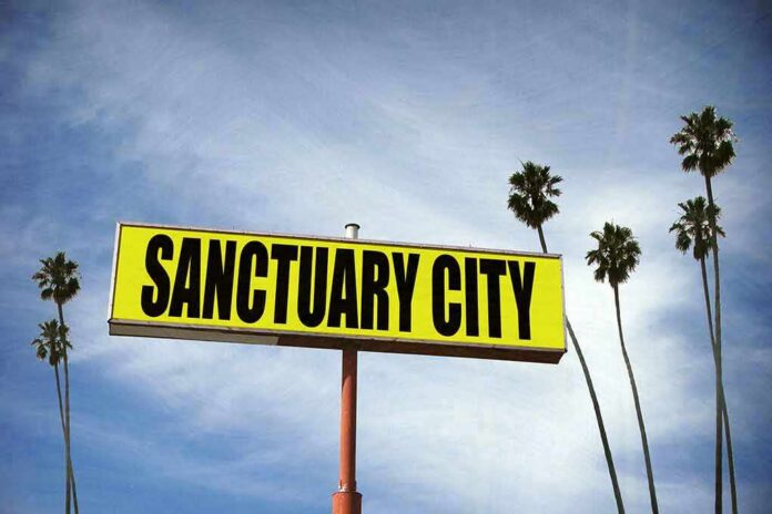shutterstock_1021778260 Yellow roadside sign reading Sanctuary City with palm trees