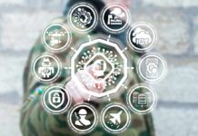America.gov Launch Stuns D.C. Crowd Person in camouflage touches virtual interface with cybersecurity and technology icons