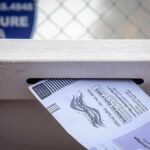 Mail-in ballot being inserted into a secure drop box slot