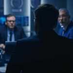 Business professionals in a dim conference room meeting