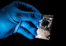Border Bust: Produce Packed With Poison Gloved hand holding a small plastic bag of white powder