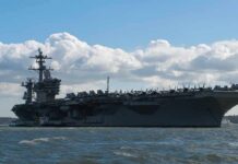 Aircraft carrier at sea with fighter jets on deck